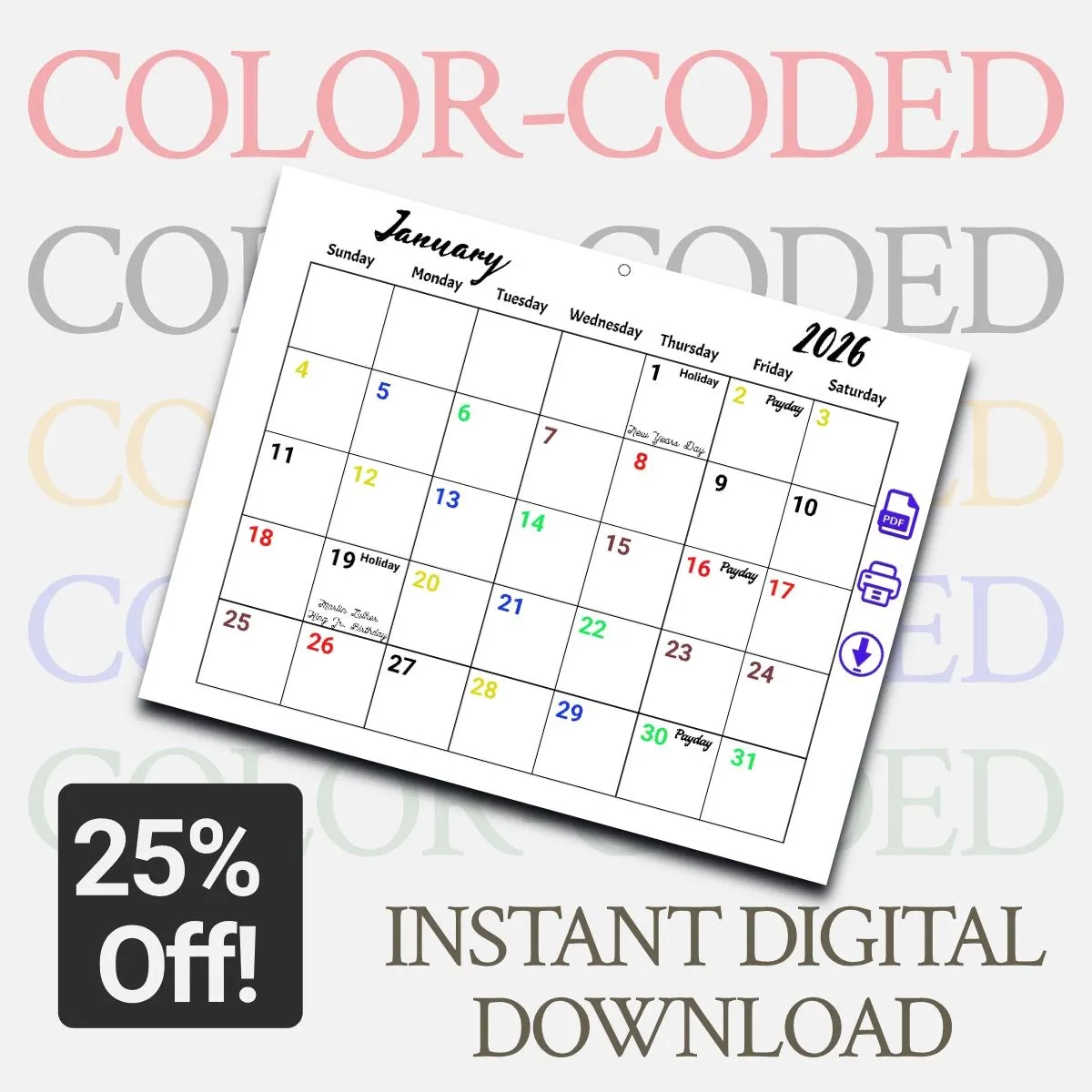 2026 Color coded Postal Calendar Employee Schedule digital 