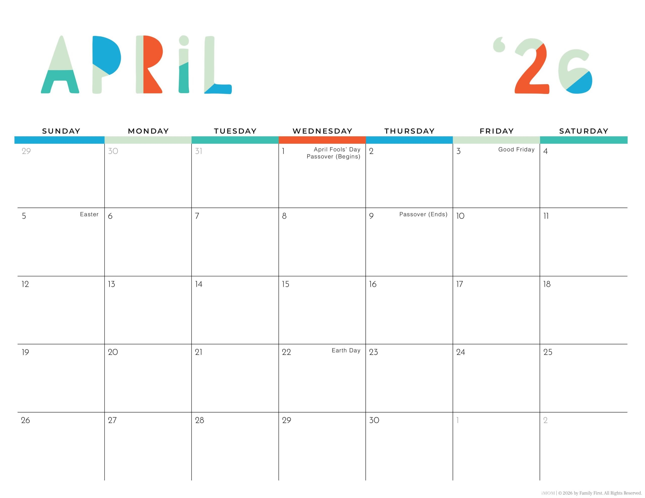 2026 Colorful Printable Calendar For Moms IMOM