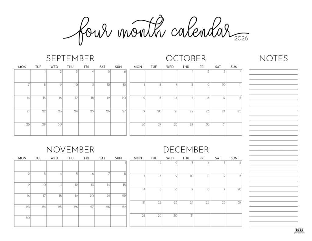2026 Four Month Calendars 31 FREE Printables Printabulls