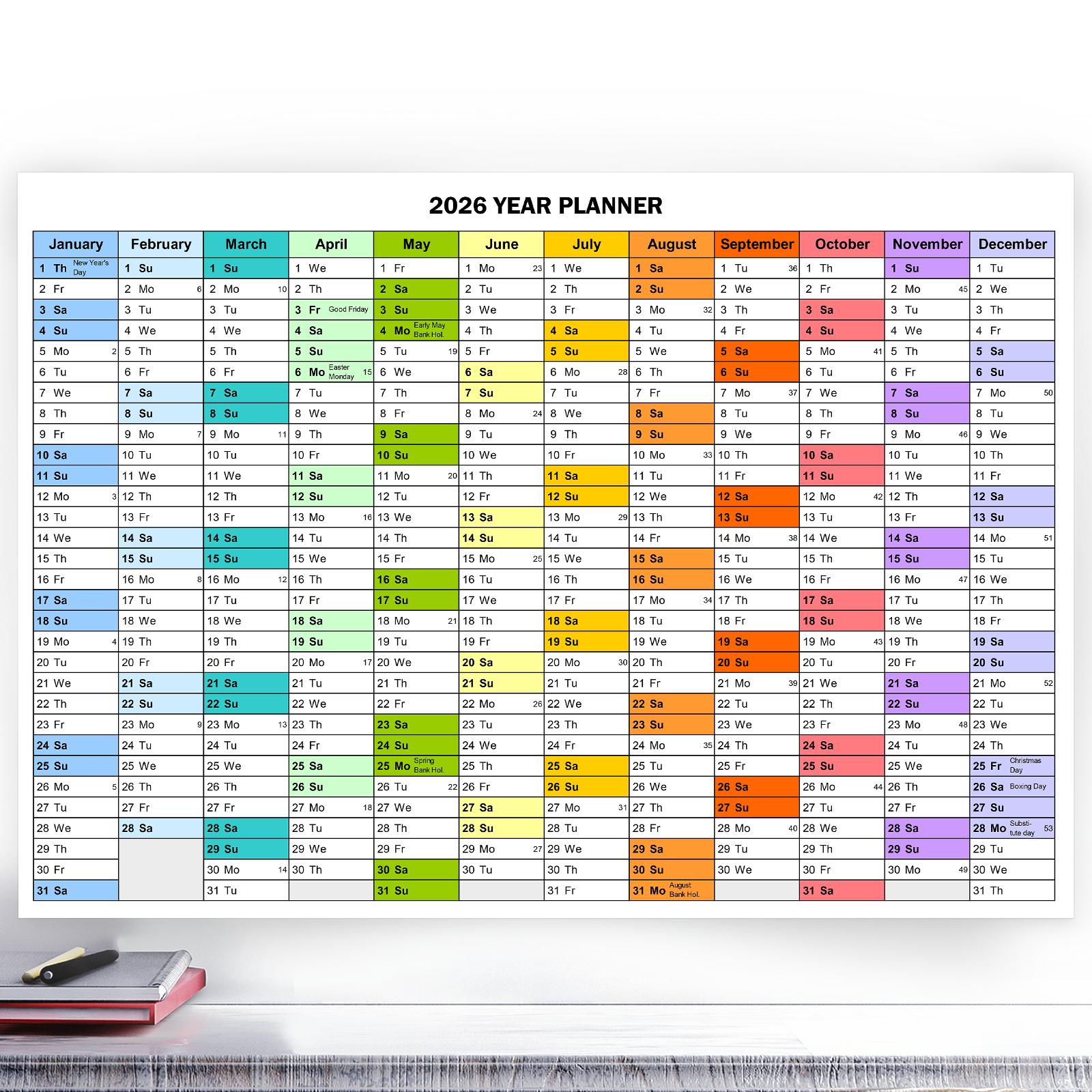 2026 FULL YEAR CALENDAR WALL PLANNER HOME OFFICE WORK COLOURFUL 