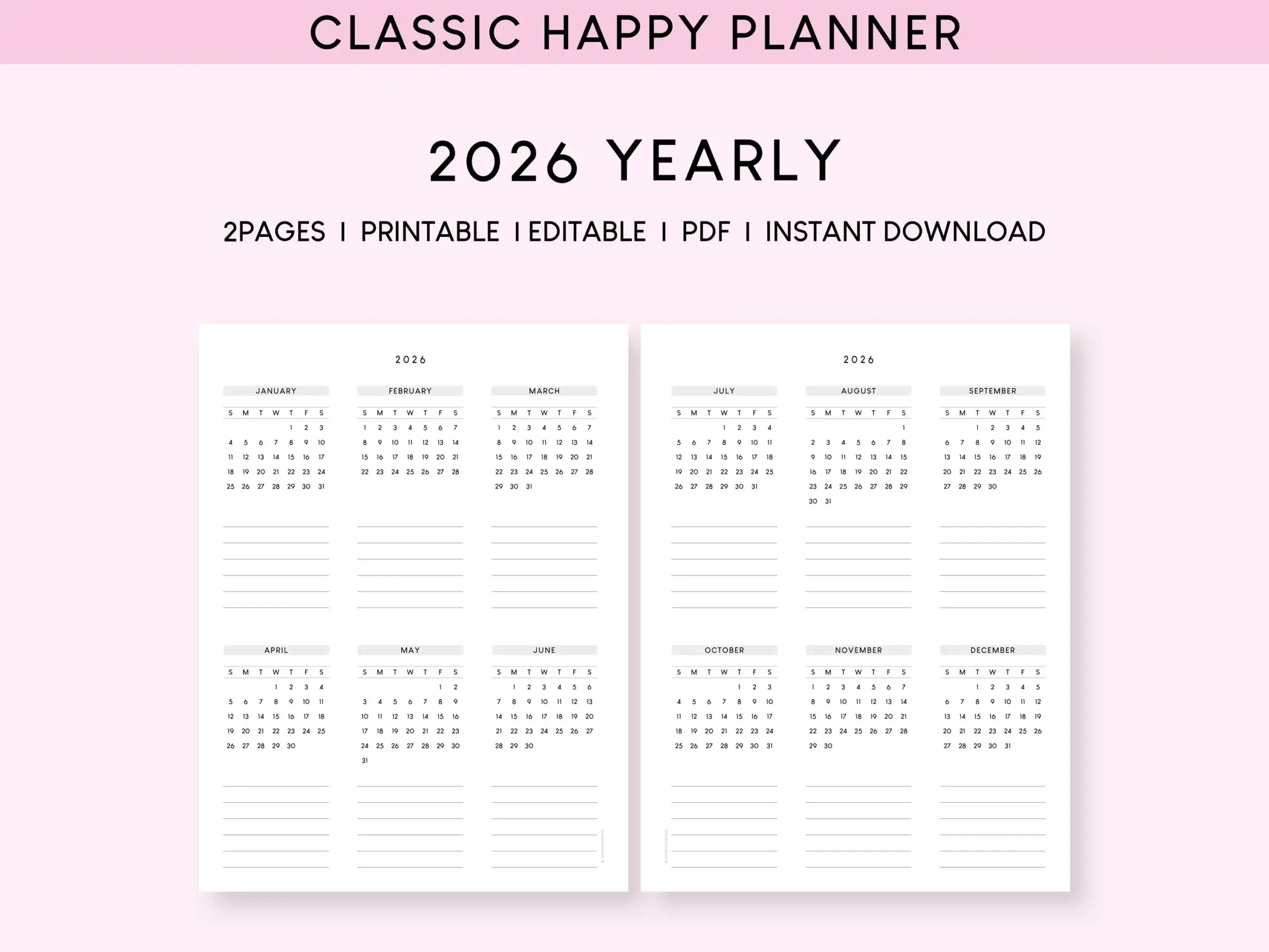 2026 Jahresplaner Klassischer Happy Planner Zum Ausdrucken PDF 