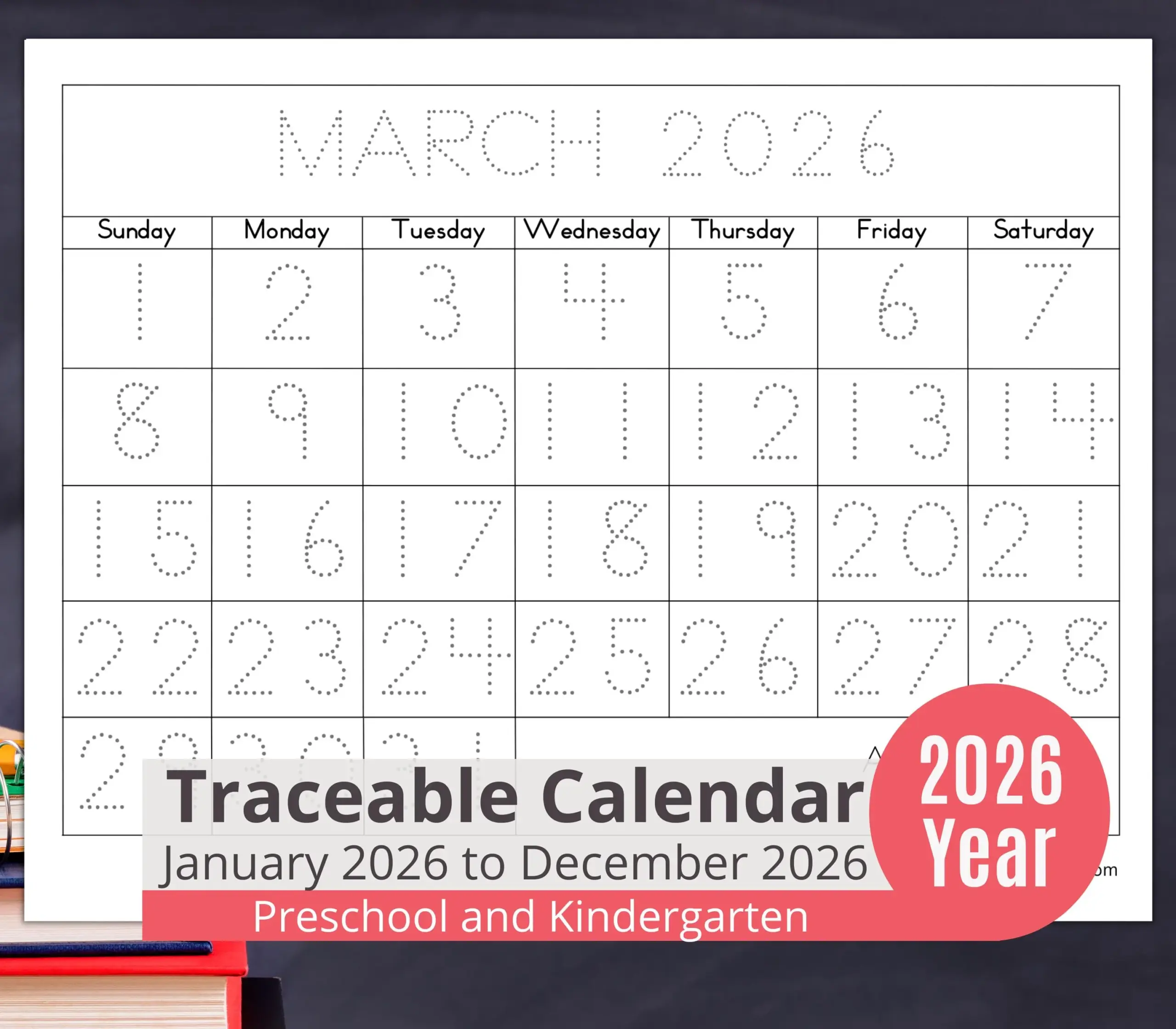 2026 Kids Calendar Printable With Number Tracing Monthly Pages 