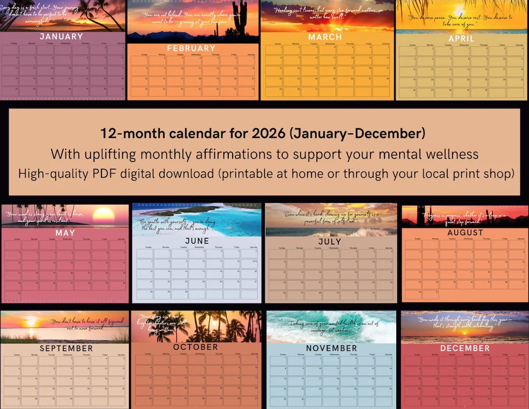 2026 Mental Health Calendar Inspirational Affirmations printable 