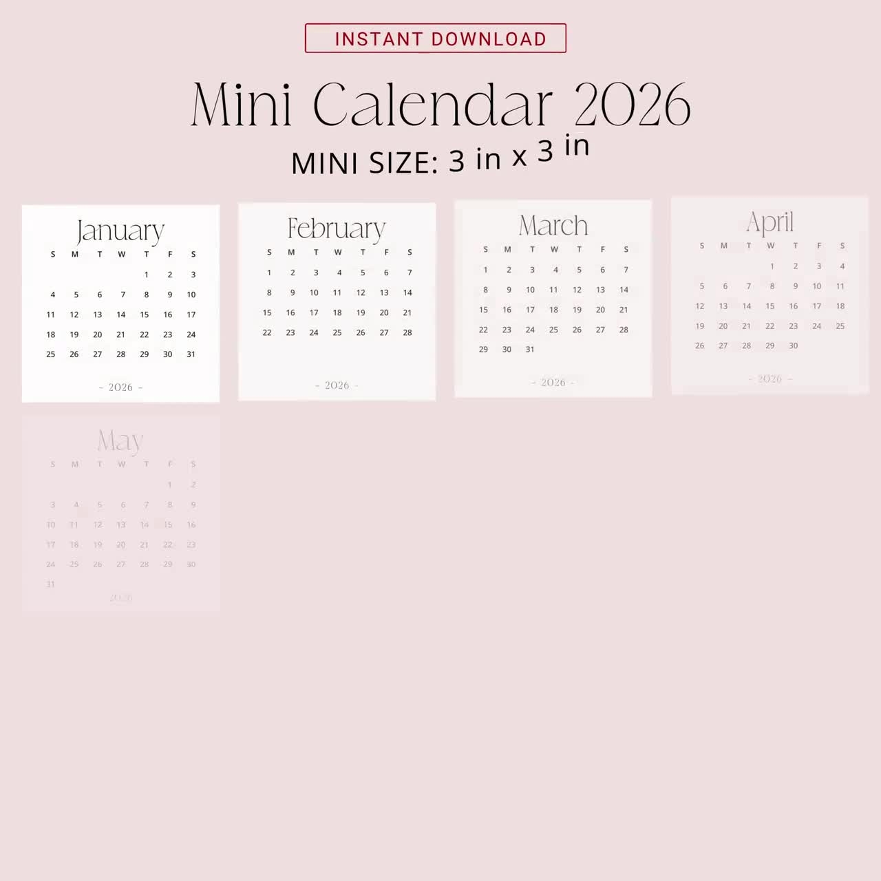 2026 Mini Calendar 3x3 2026 Calendar Small PRINTABLE PDF 2026 Calendar Square 3x3 Inch Stylish Mini Desk Calendar 2026 Sunday amp Monday Start