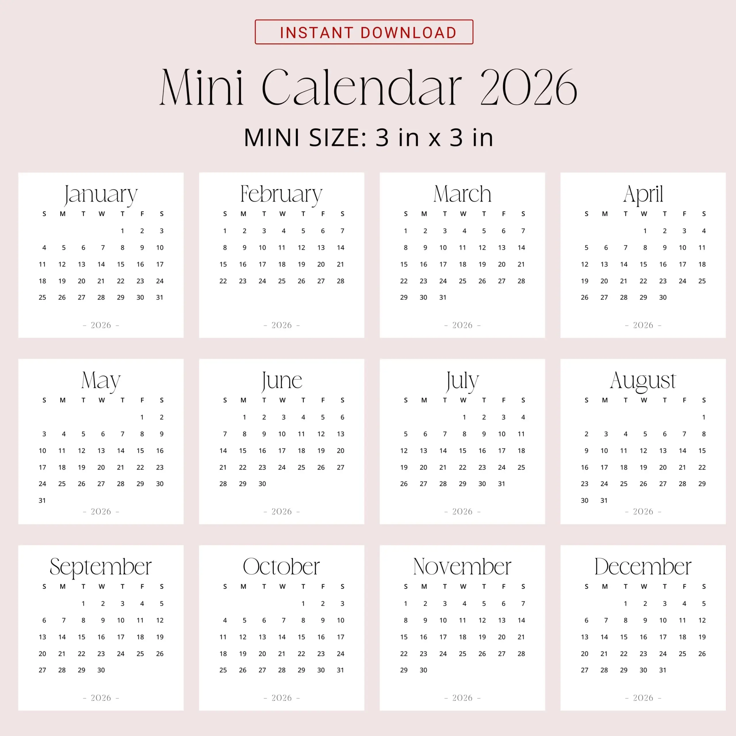 2026 Mini Calendar 3x3 2026 Calendar Small PRINTABLE PDF 2026 