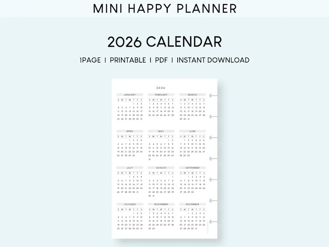 2026 Mini Happy Planner Calendar Printable Minimalist Yearly 