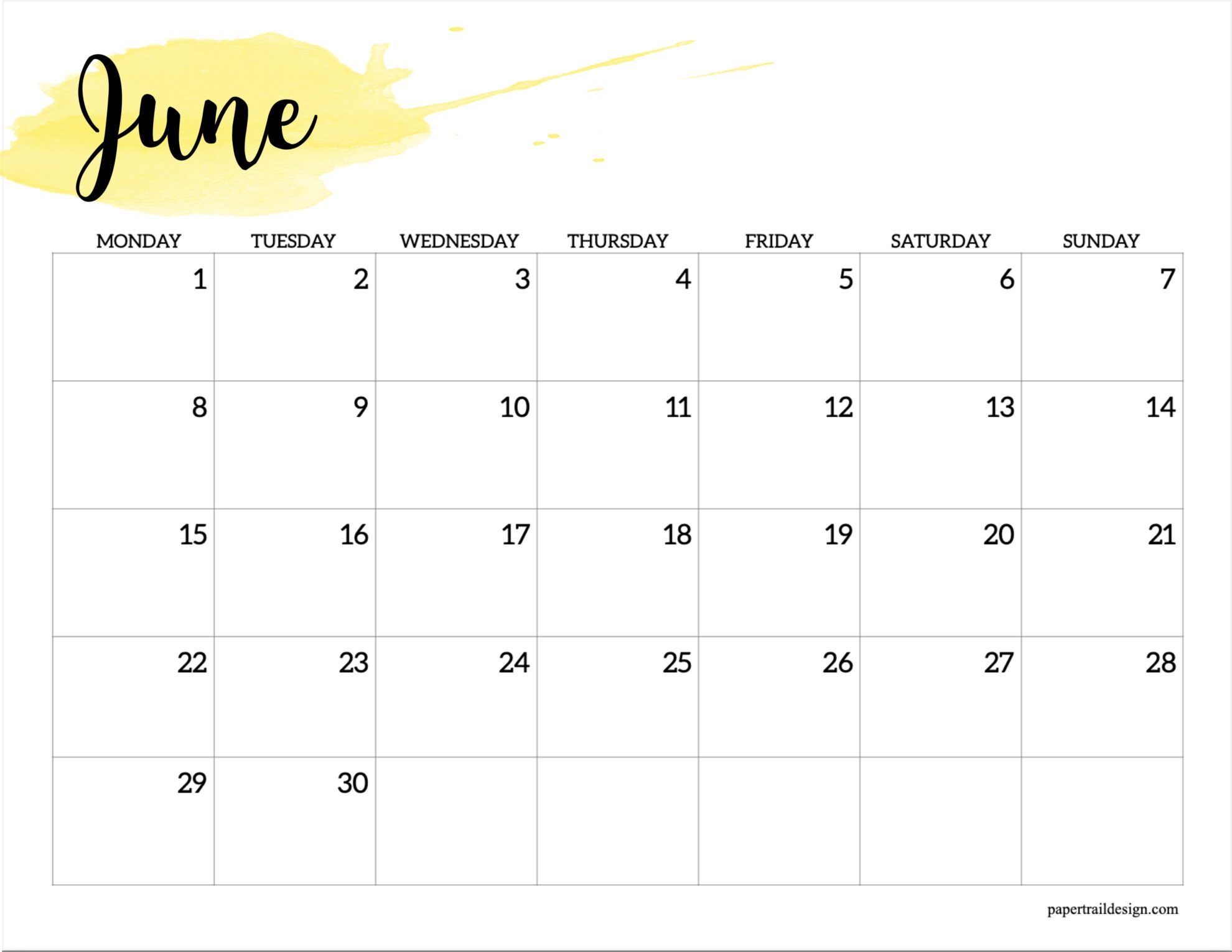 2026 Monday Start Calendar Printable Watercolor Paper Trail Design