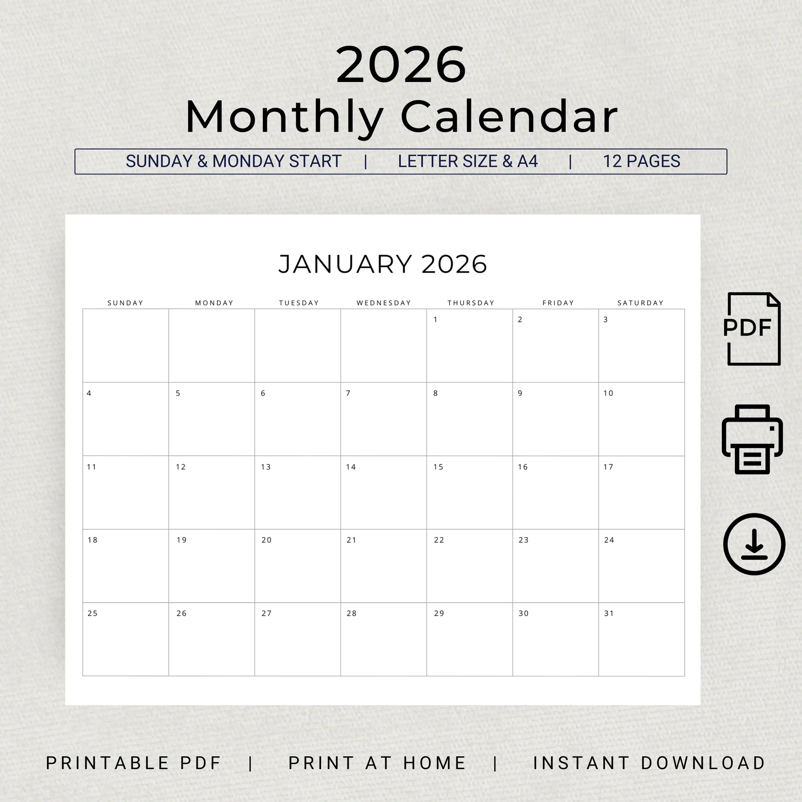 2026 Monthly Calendar PRINTABLE 2026 Monthly Planner Landscape 