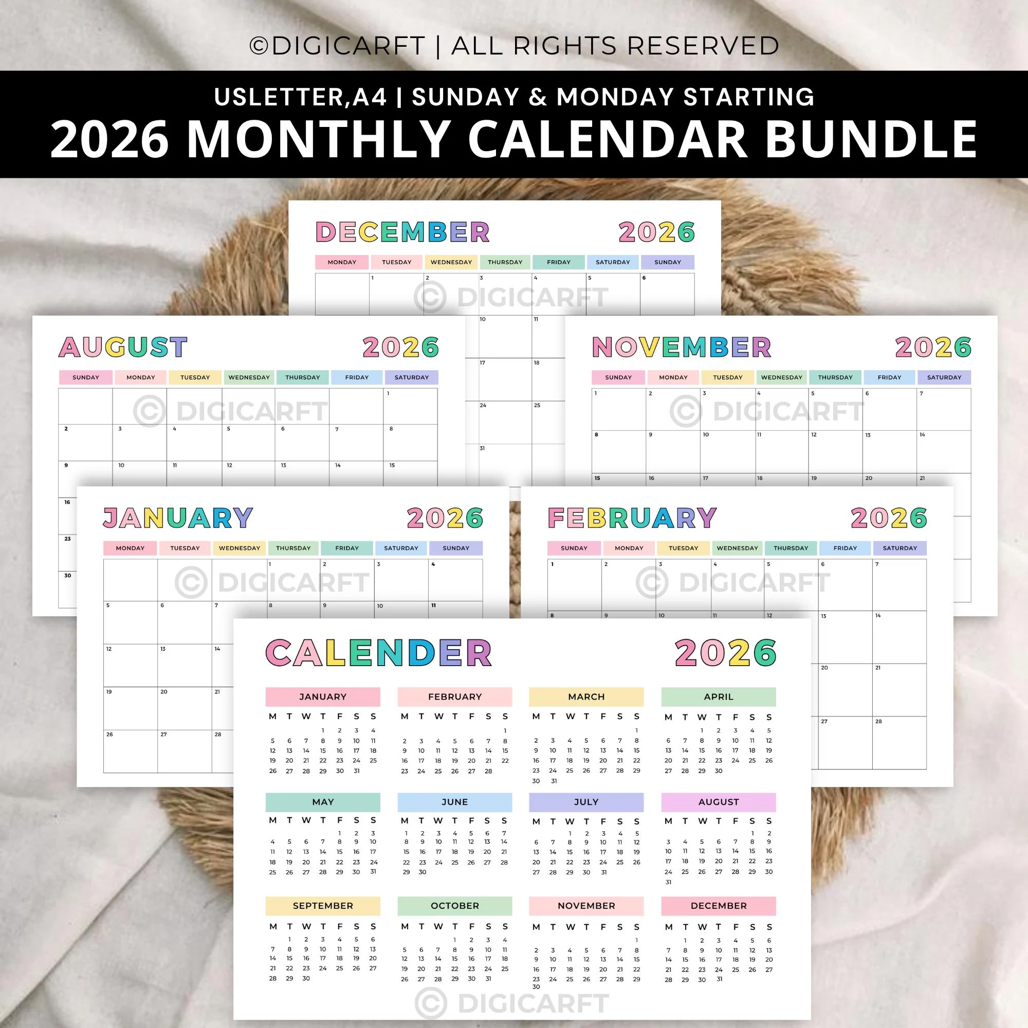 2026 Monthly Calendar Printable Pdf colorful Monthly Planner 
