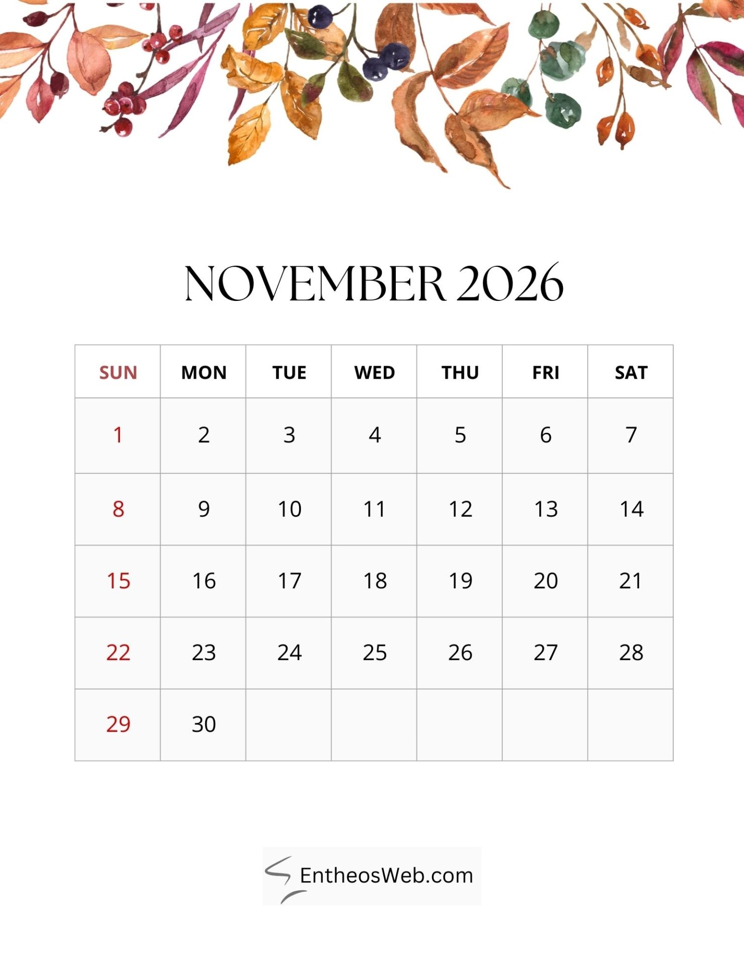 2026 Monthly Leaf Calendar EntheosWeb
