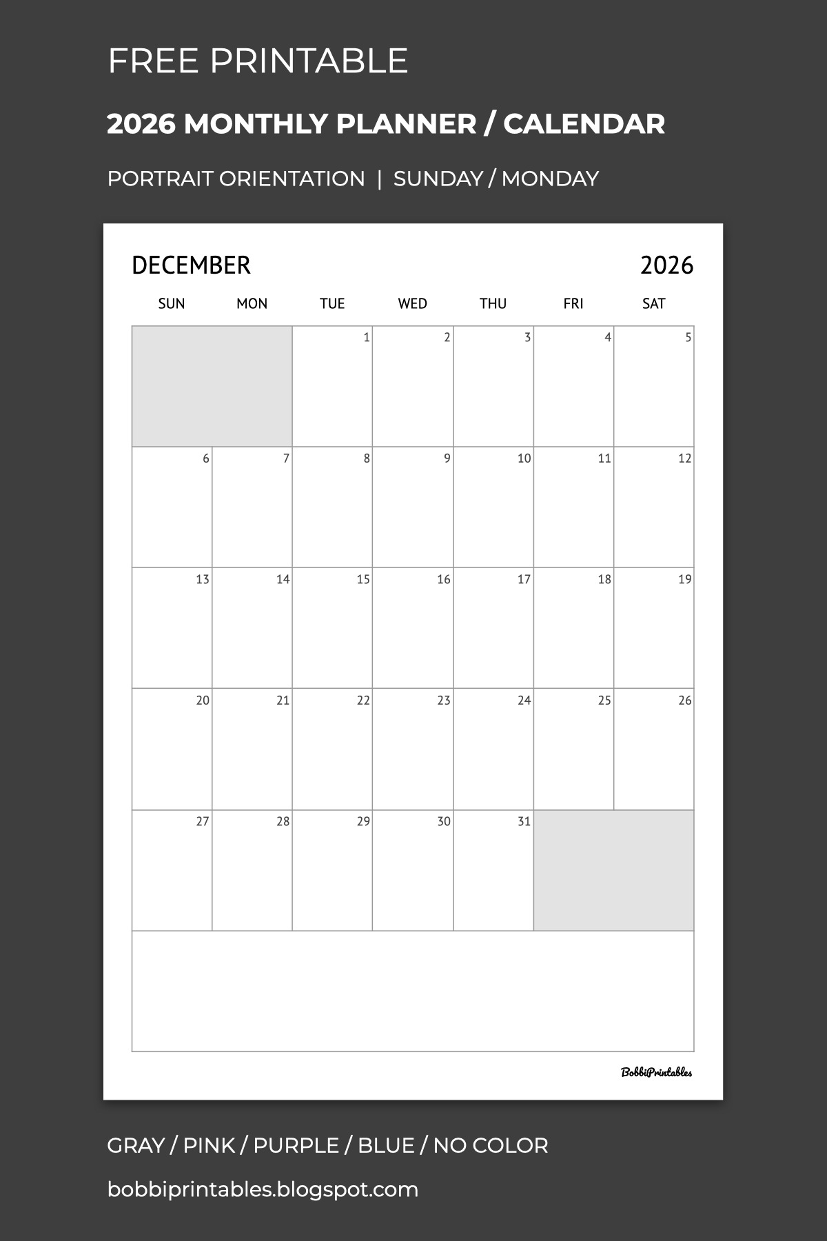 2026 Monthly Planner Calendar Free Printable Portrait 