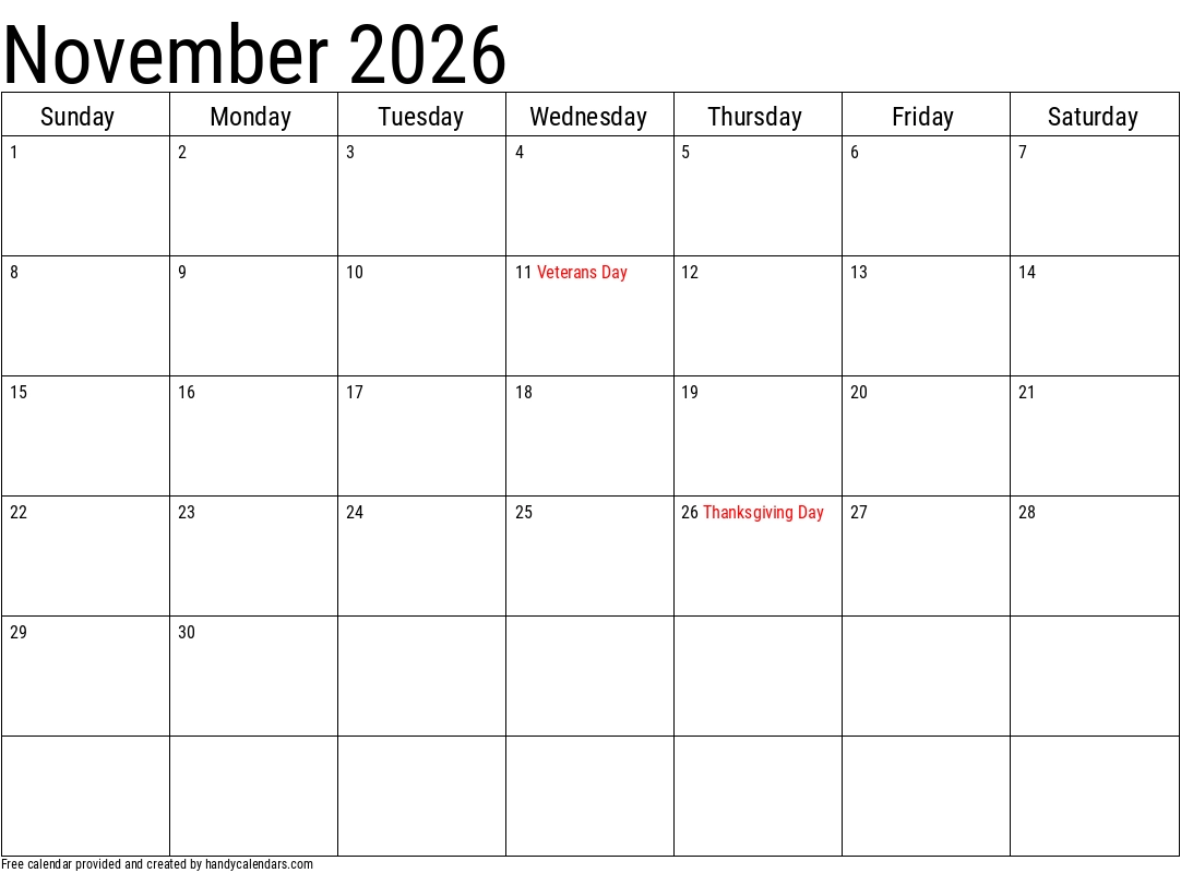 2026 November Calendars Handy Calendars