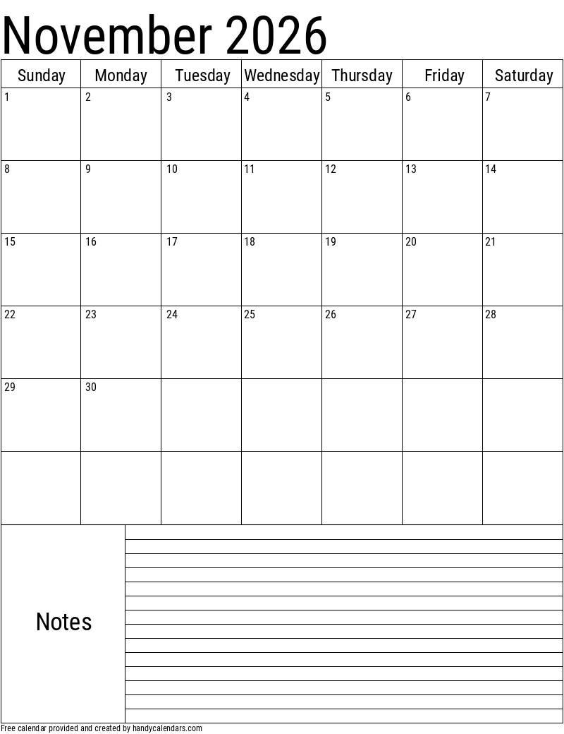 2026 November Calendars Handy Calendars