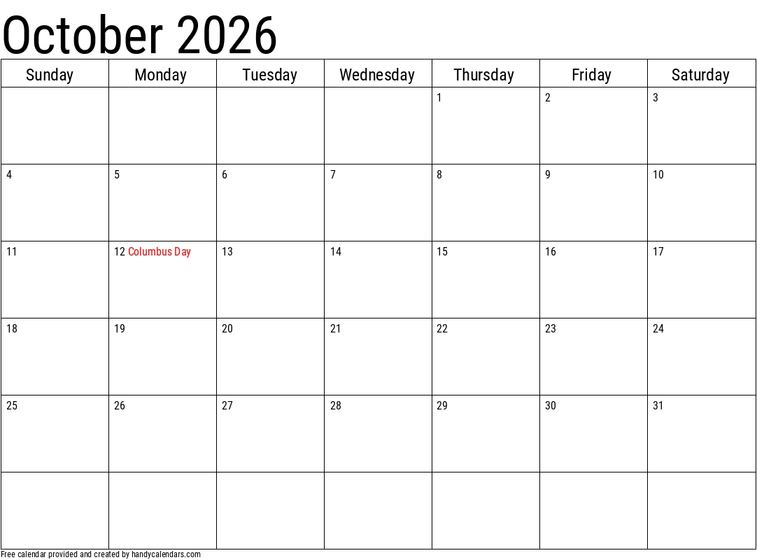 October 2026 Calendar With Holidays Printable