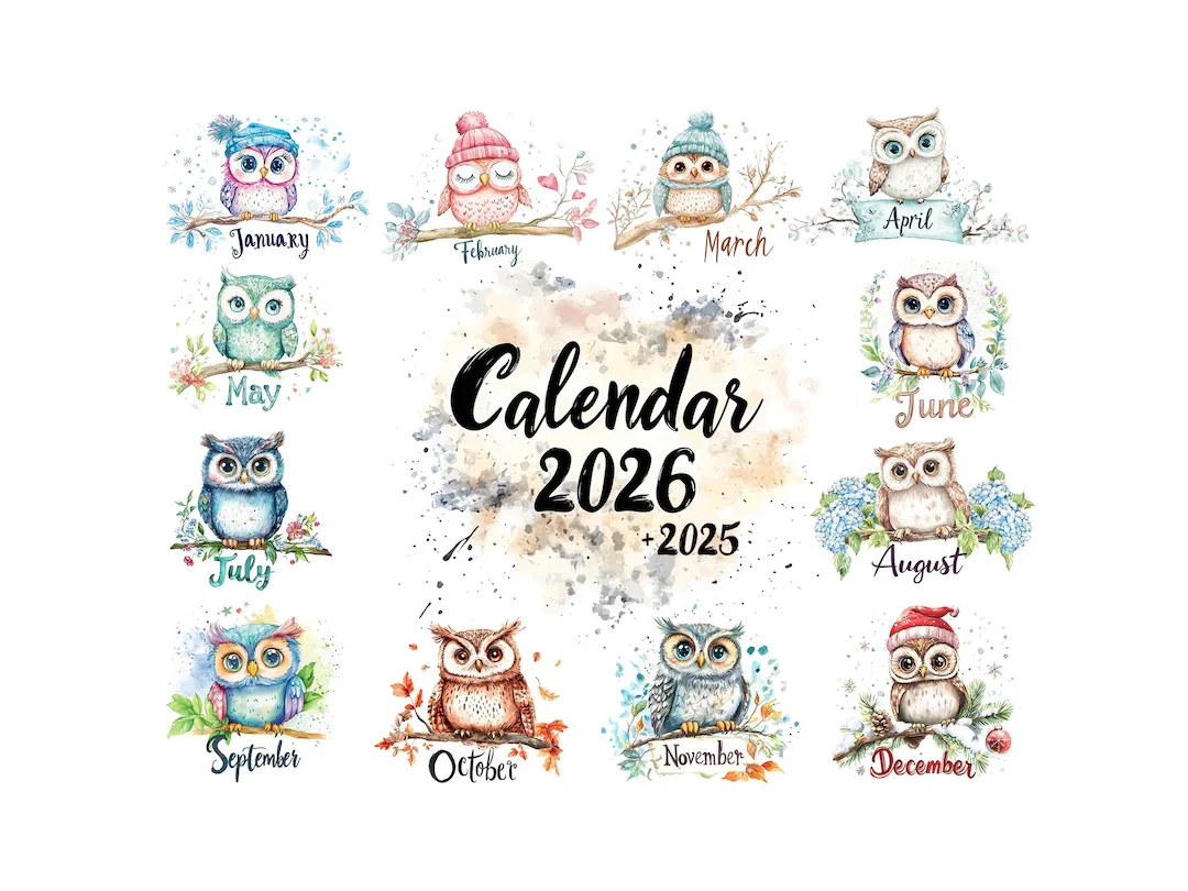 2026 Owl Watercolor Printable Calendar Monthly Wall Art Plus 