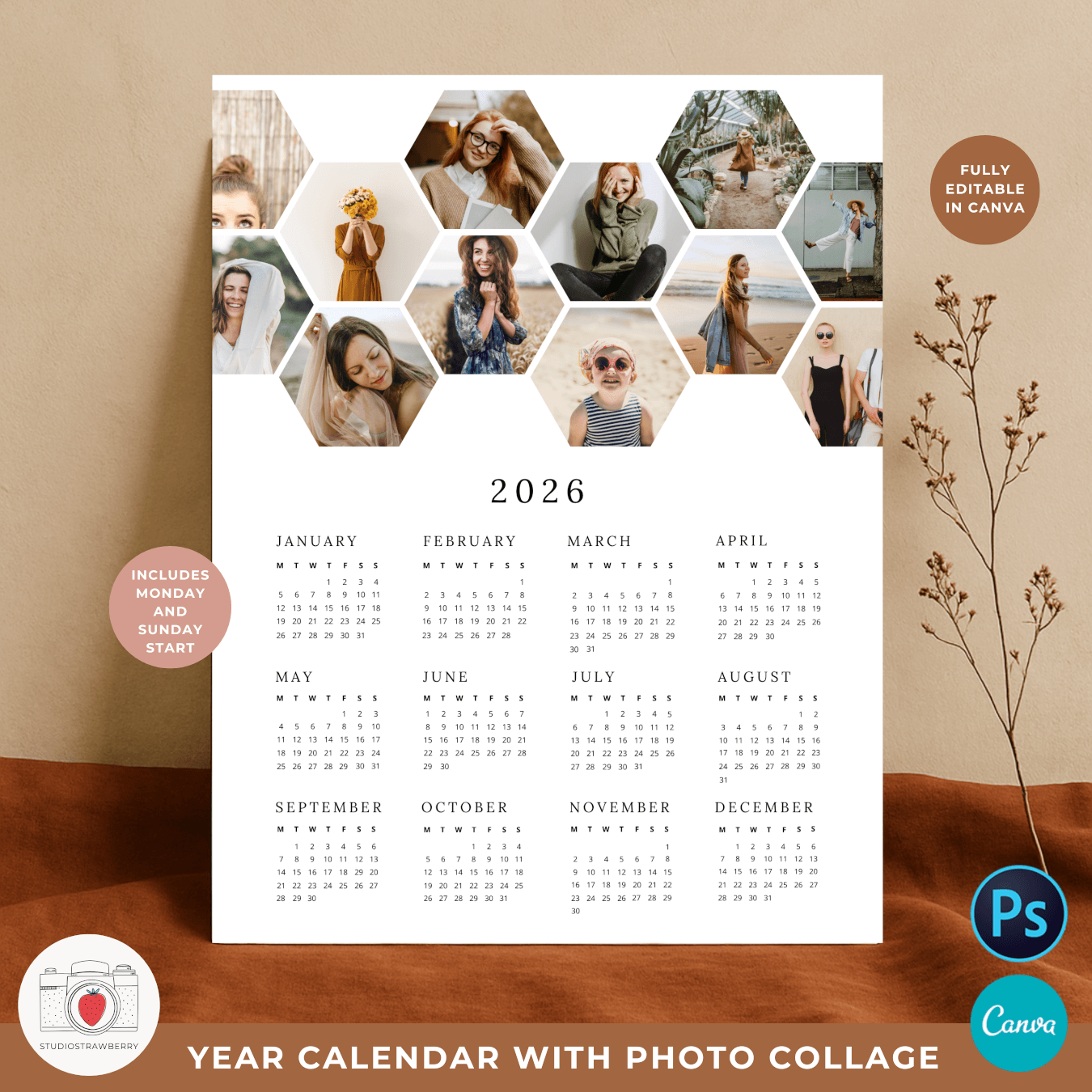2026 Photo Calendar Template With Honeycomb Photo Collage 