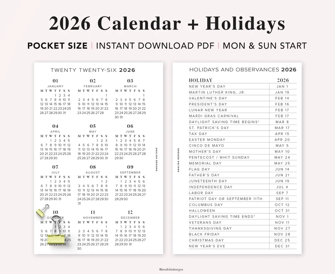 2026 Pocket Calendar With Holidays Year At A Glance PDF Printable Etsy Finland