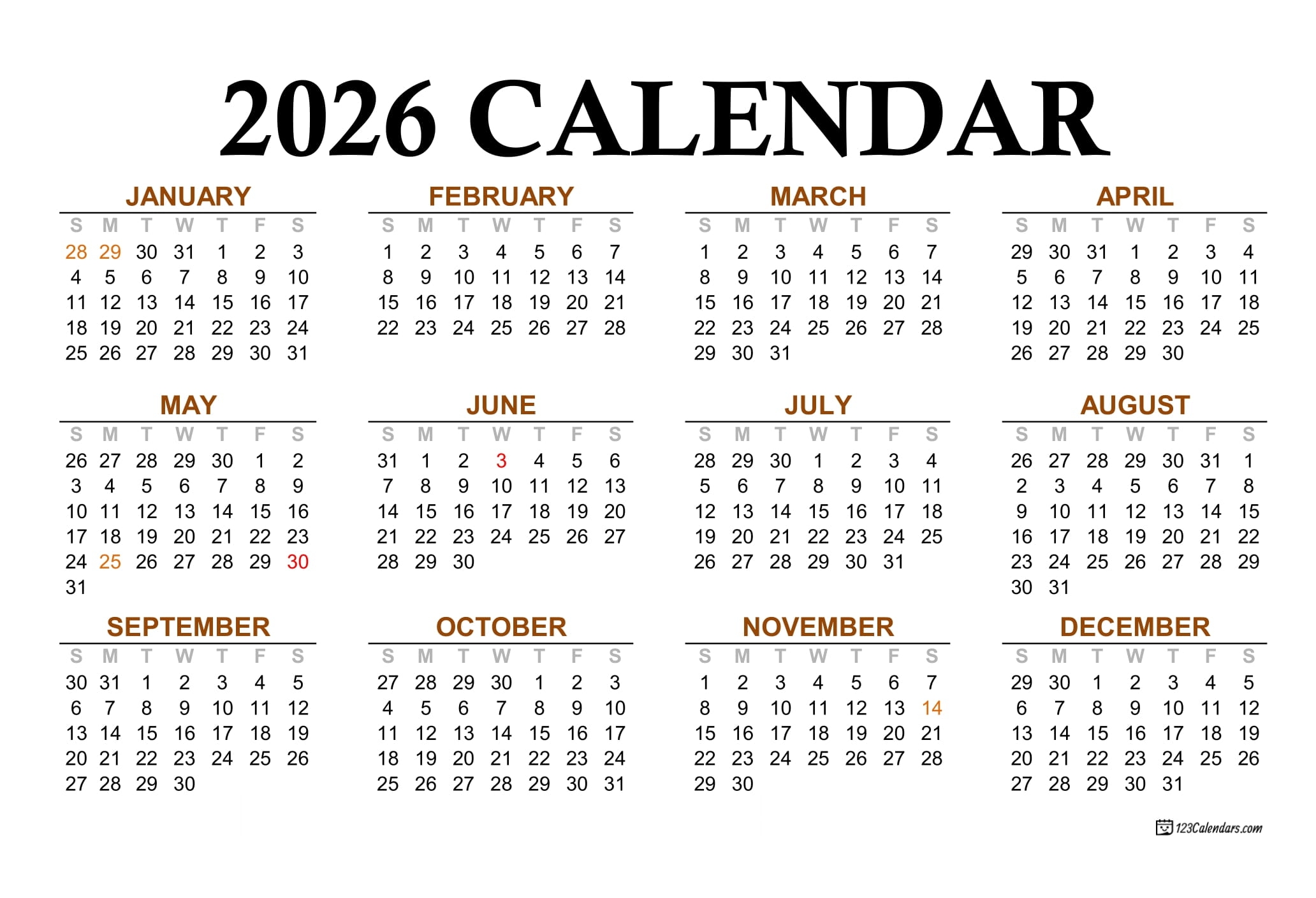 2026 Printable Calendar 123Calendars