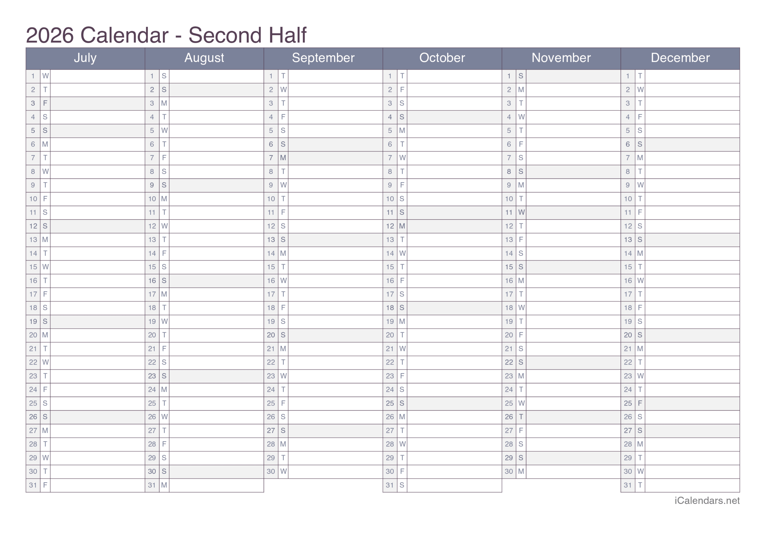 Printable Year Calendar 2026