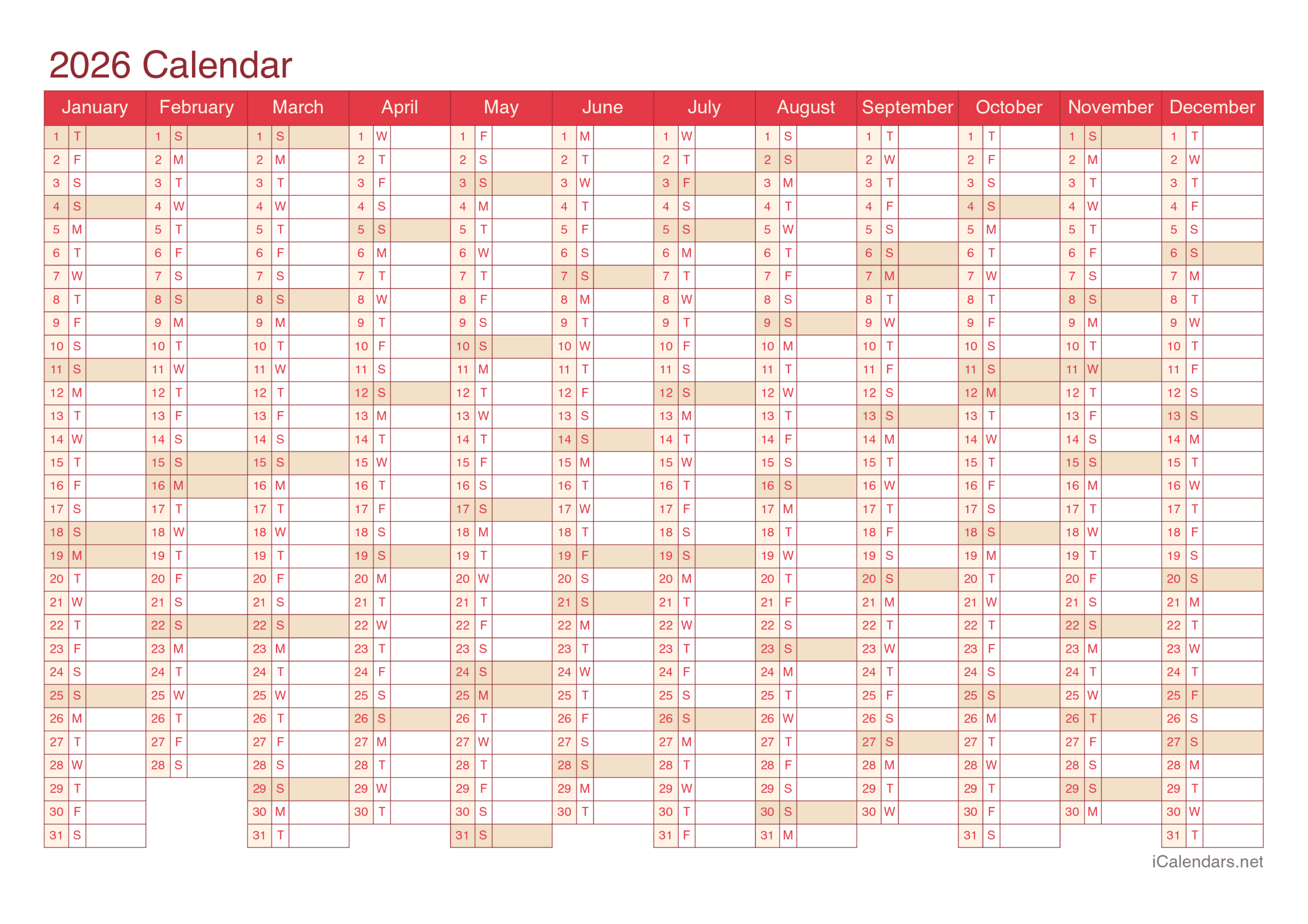 Blank 2026 Yearly Calendar