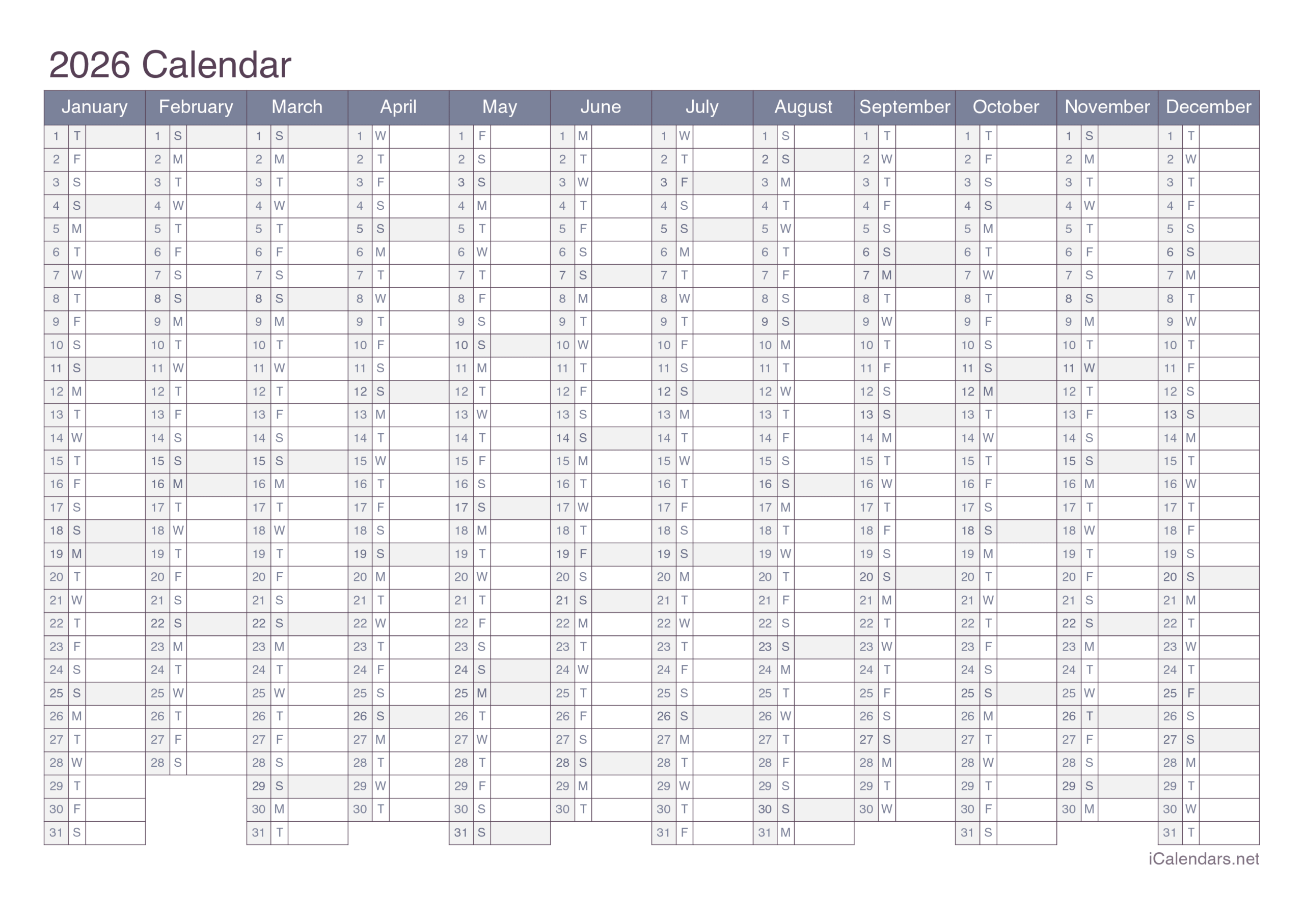 2026 Printable Calendar PDF Or Excel