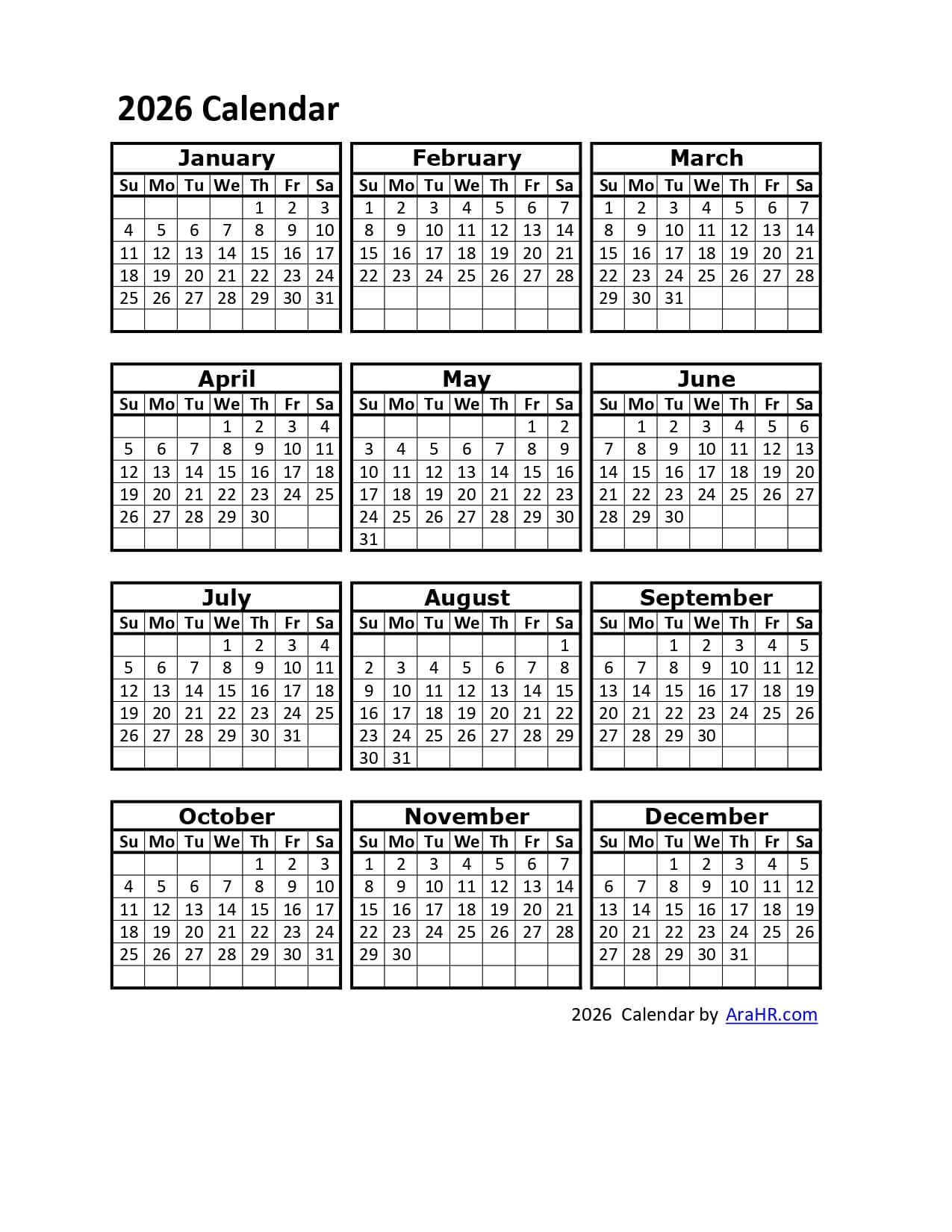 2026 Printable Calendar Template Excel PDF Image