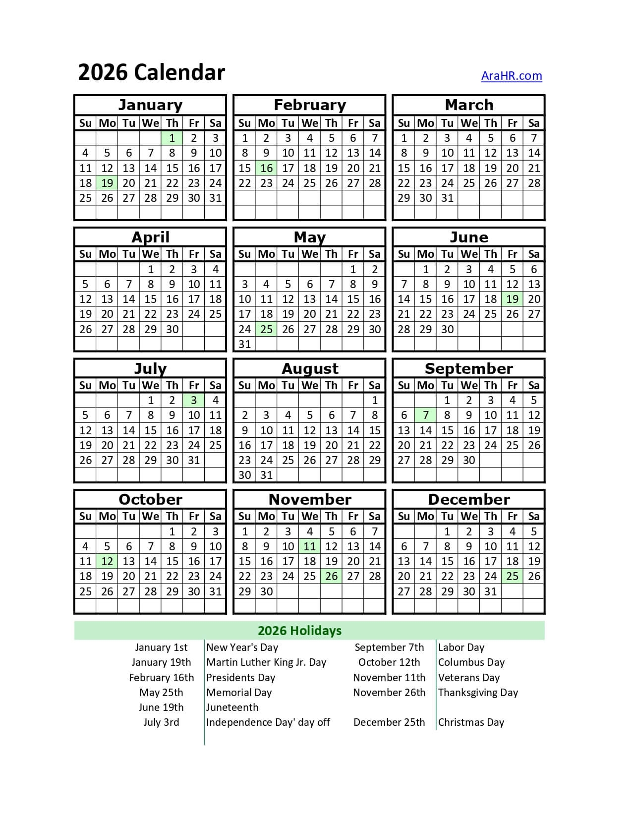 2026 Printable Calendar Template Excel PDF Image