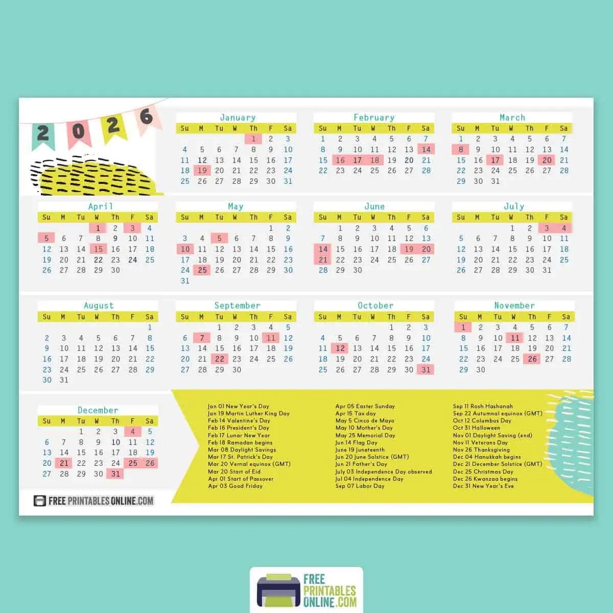 2026 Calendar Printable With Holidays Pdf