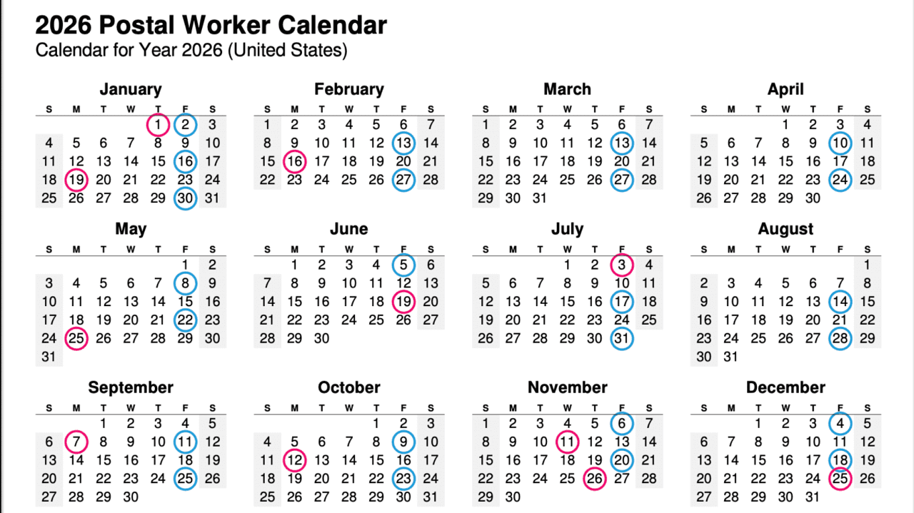 2026 Printable Postal Calendar Postaltimes