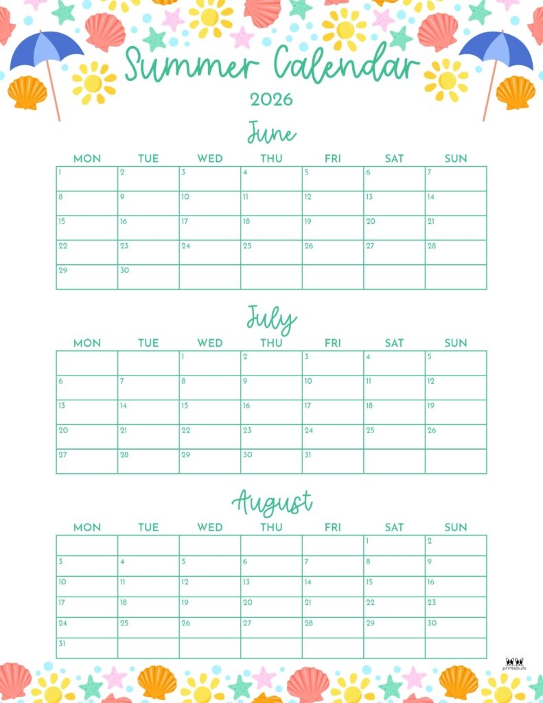 Printable Calendar June July August 2026