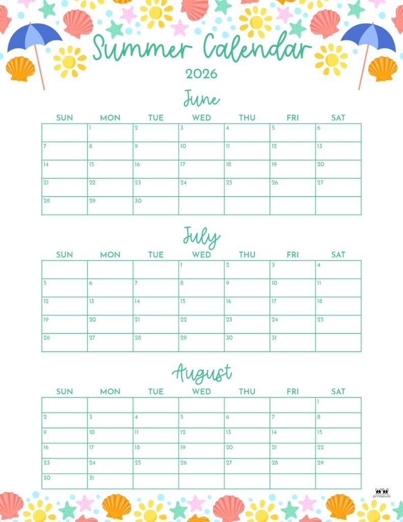 2026 Summer Calendars 31 FREE Printables Printabulls