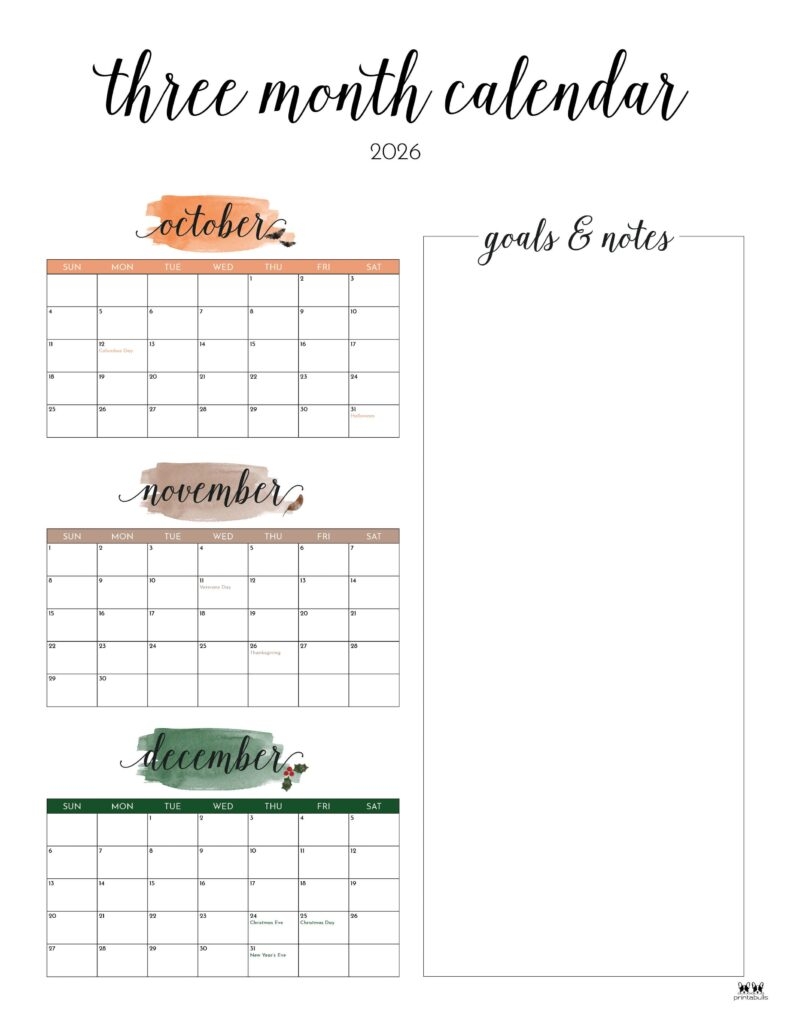 2026 Three Month Quarterly Calendars 36 FREE Cals Printabulls