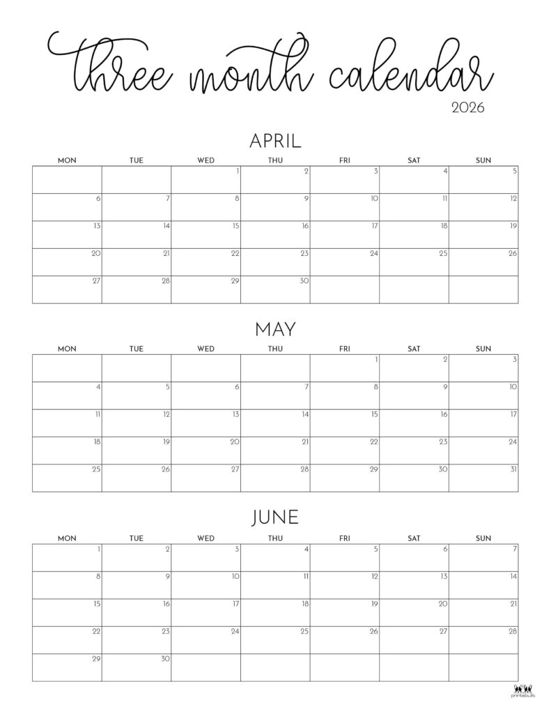 2026 Three Month Quarterly Calendars 36 FREE Cals Printabulls