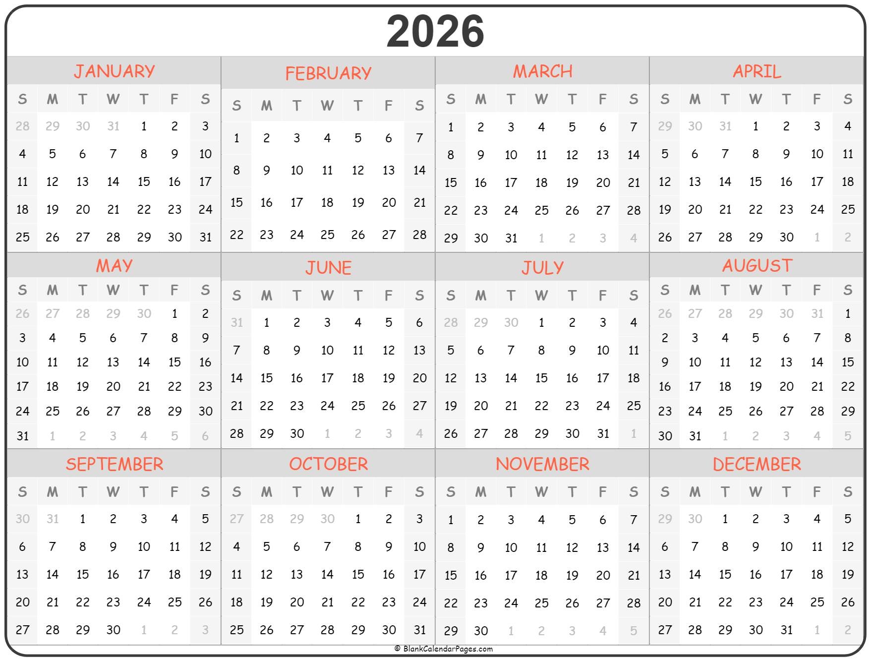 2026 Printable Yearly Calendar Free