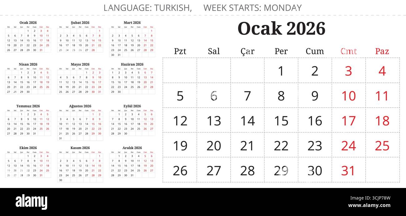 2026 Year Turkish Planner Calendar Collection Of 12 Months 