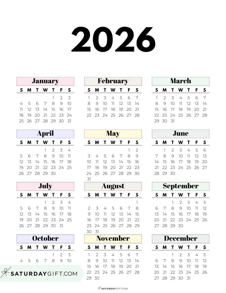 2026 Yearly Calendars 35 Free Printables