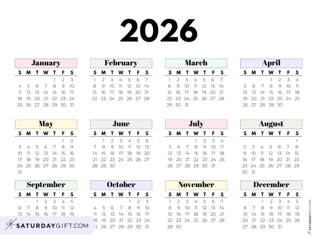 2026 Yearly Calendar Printable One Page