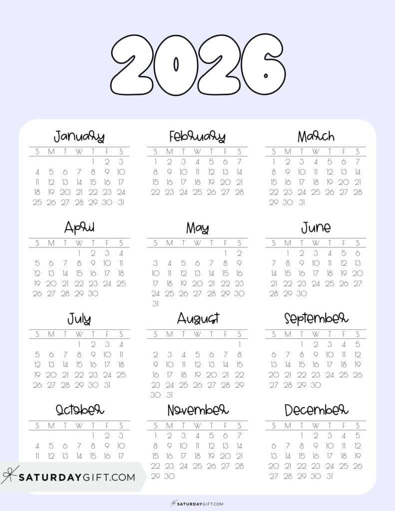2026 Yearly Calendars 35 Free Printables