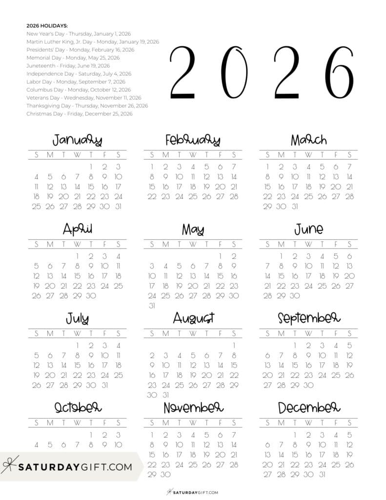 2026 Calendar Printable With Federal Holidays