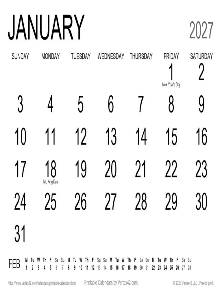 2027 Large Print Calendar PDF Organized Events Observances