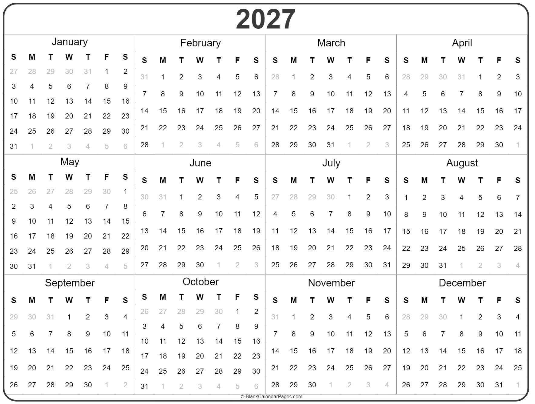 2027 Year Calendar Yearly Printable