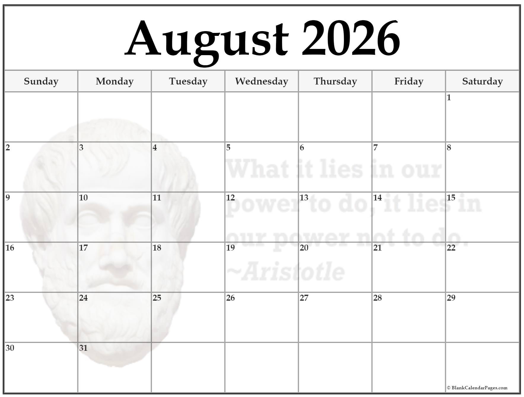 August Printable Blank Calendar 2026