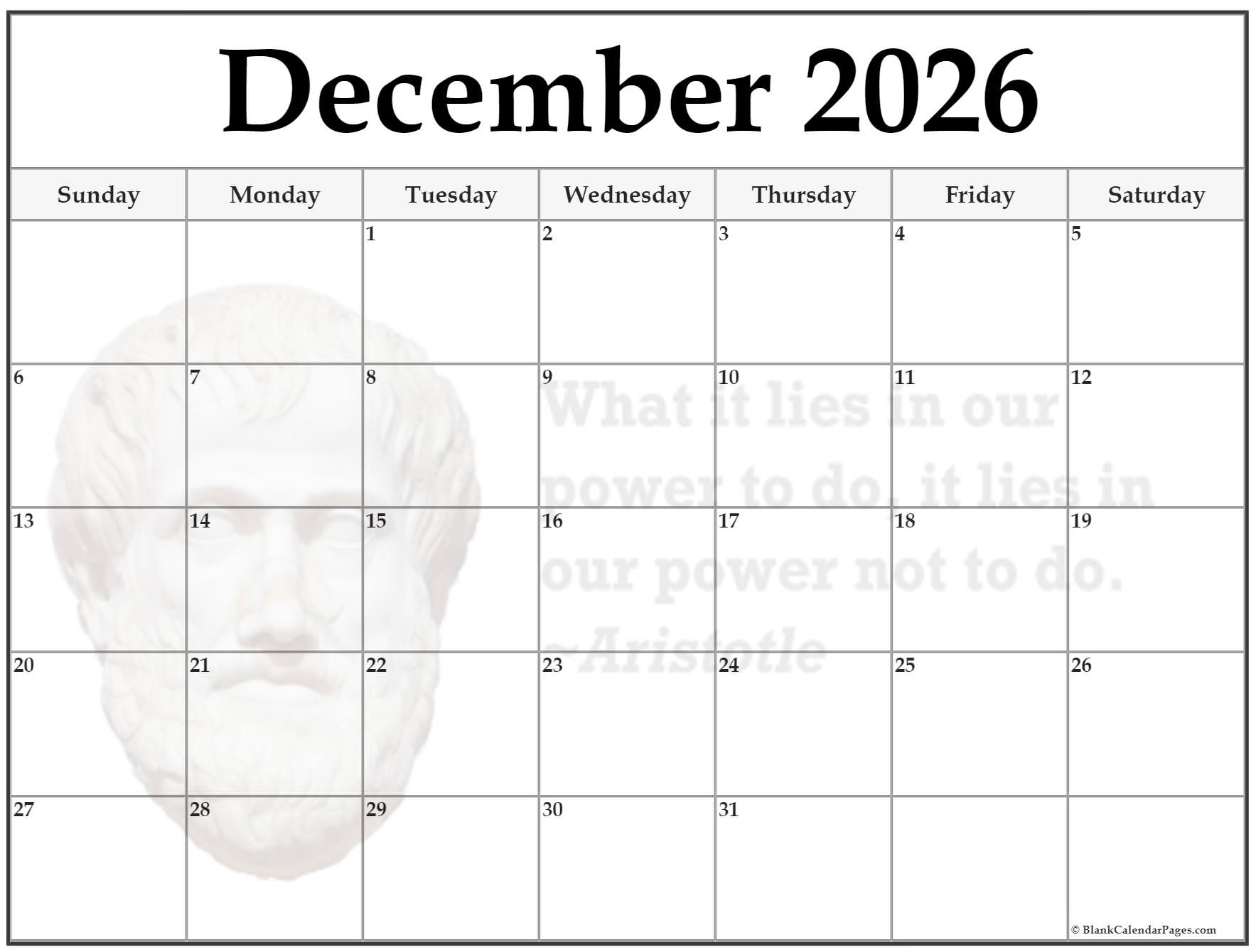 Printable Calendar Page For December 2026