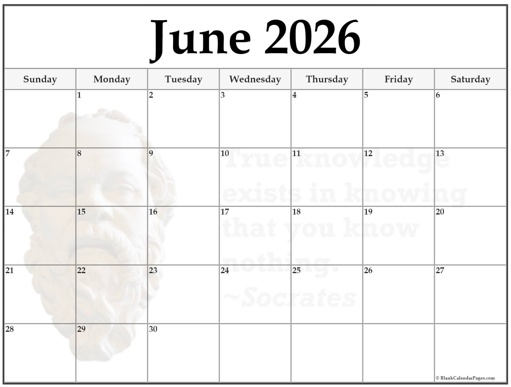 Blank Calendar For June 2026 Printable