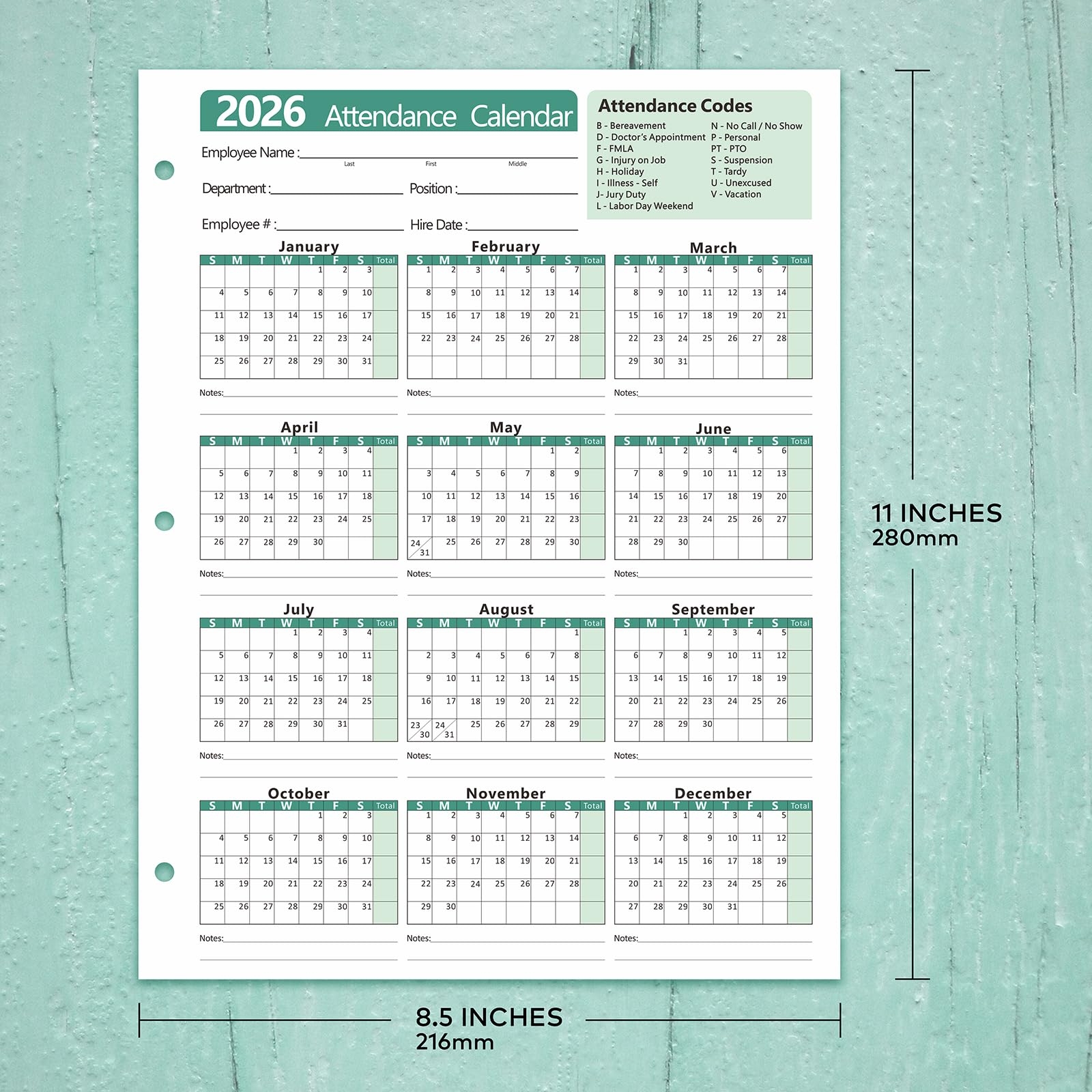 Printable 2026 Employee Attendance Calendar