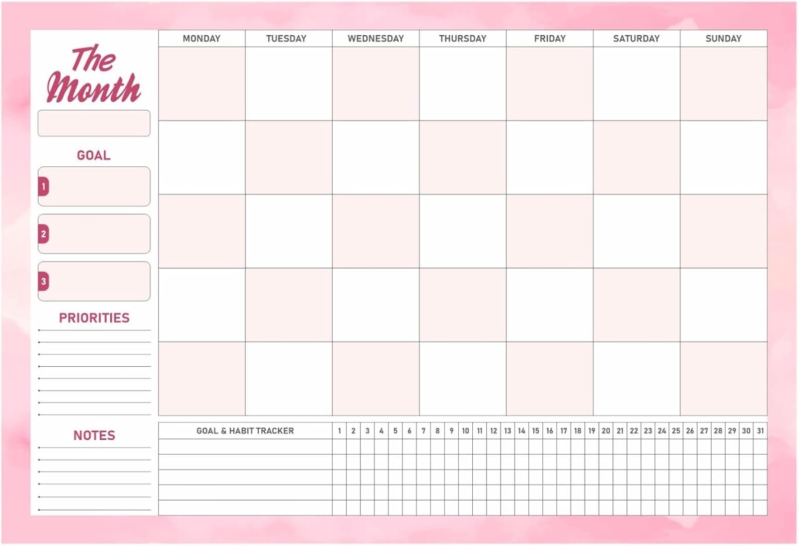 30 DAYS WALL PLANNER To Achieve Goals Productive amp Organizer 