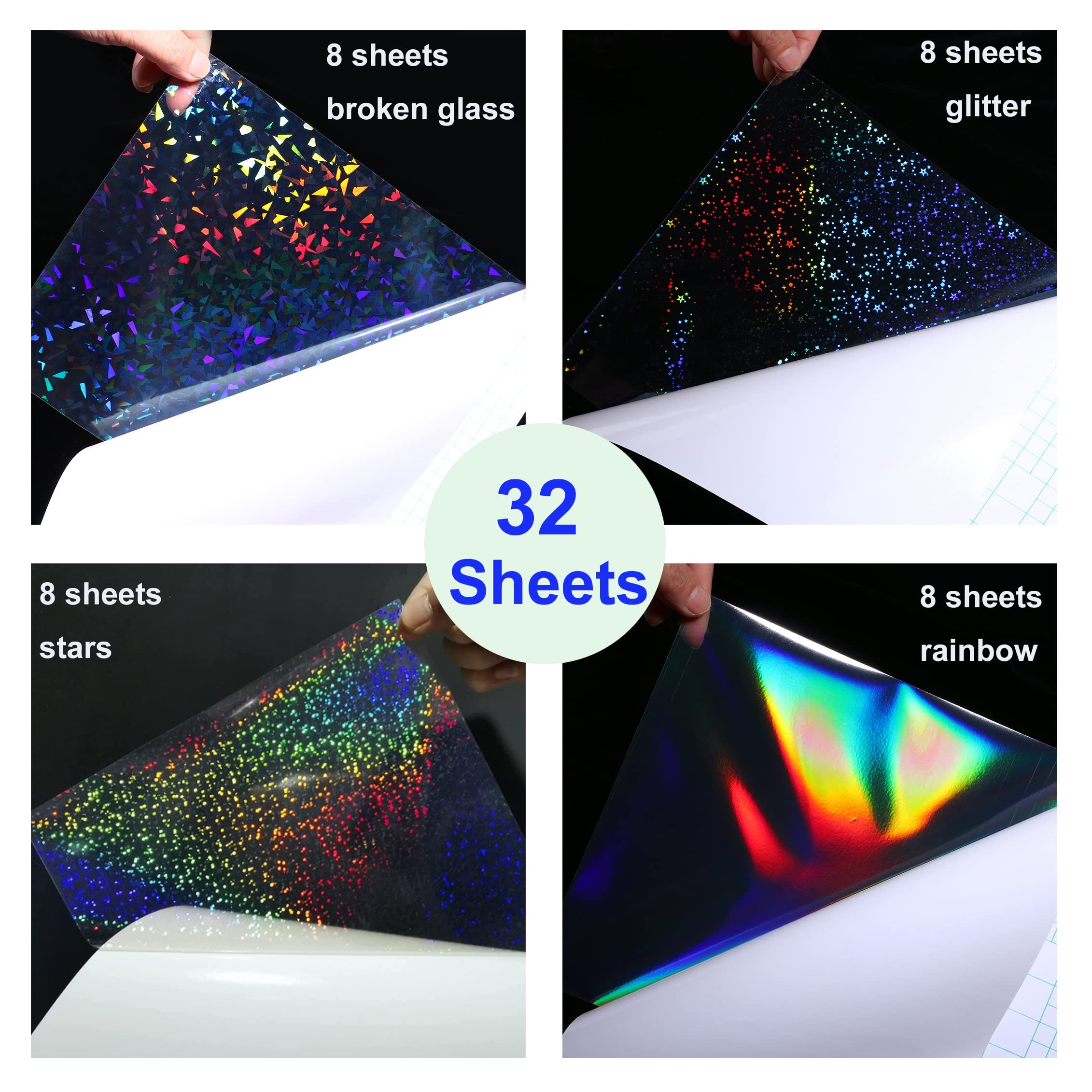 32 Sheets Holographic Clear Vinyl Holographic Stickers Paper Self Adhesive Transparent Holographic Overlay Film With A4 Size 4 Styles Mixed 