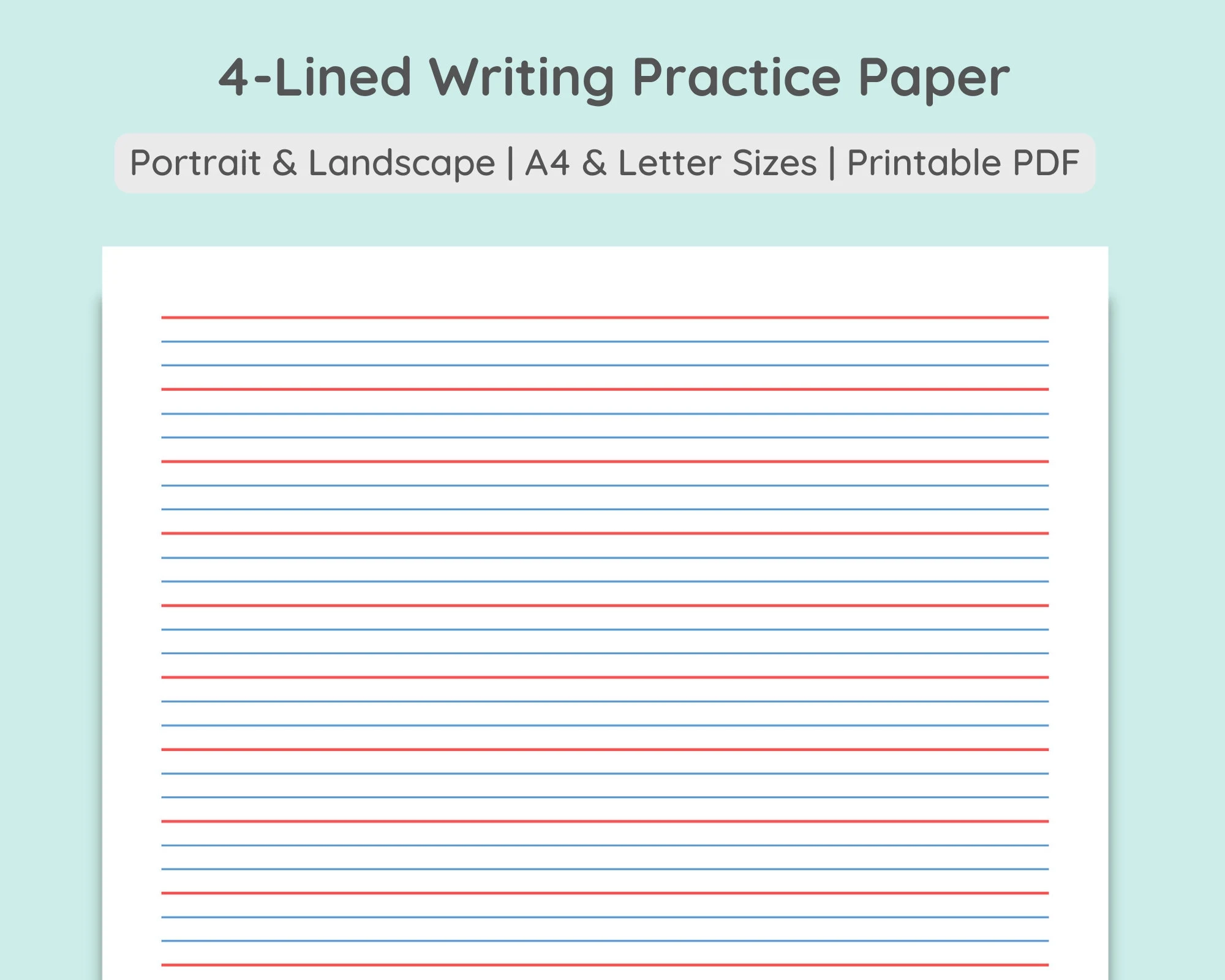 4 lined Writing Practice Paper Handwriting Penmanship 