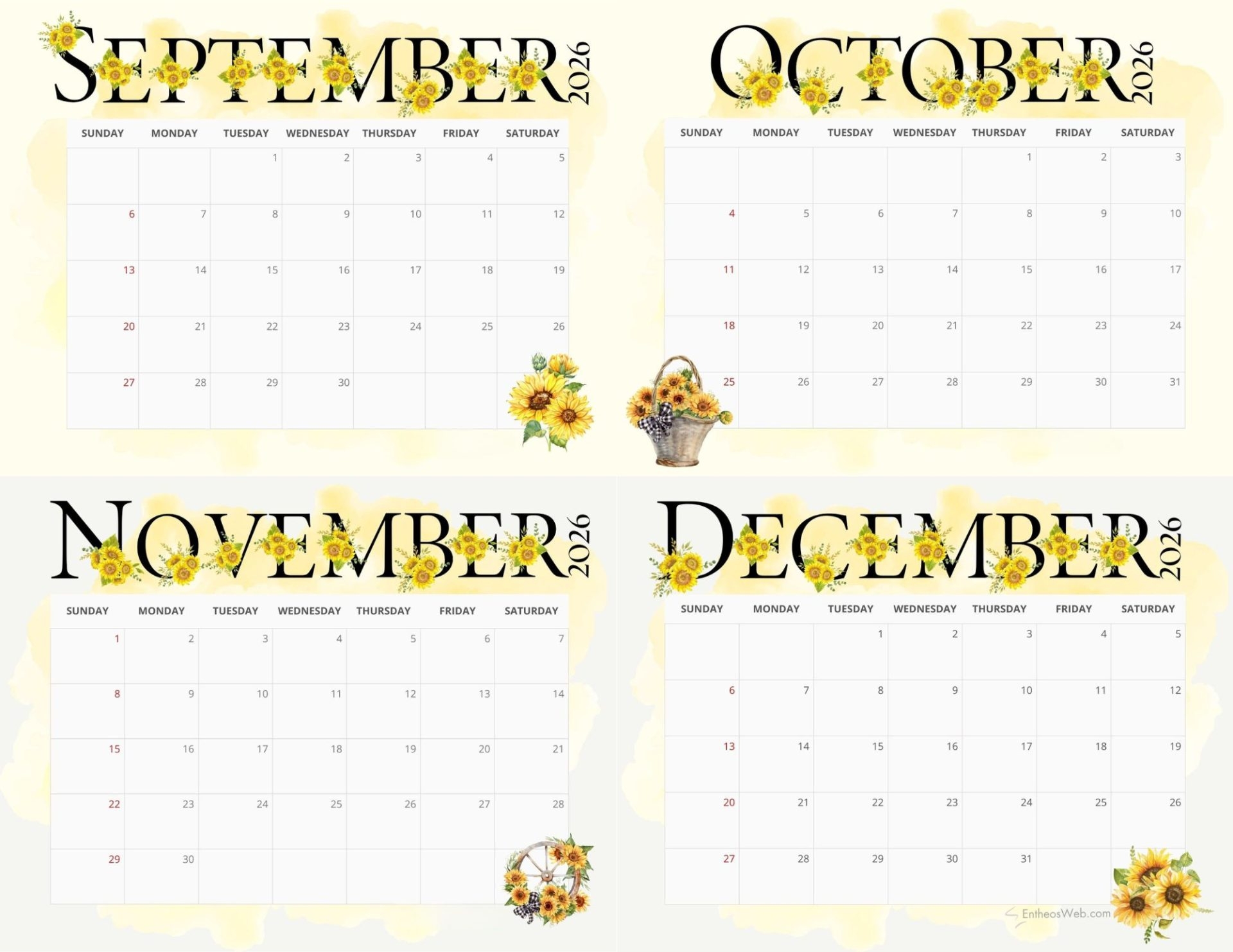 Printable Calendar September To December 2026