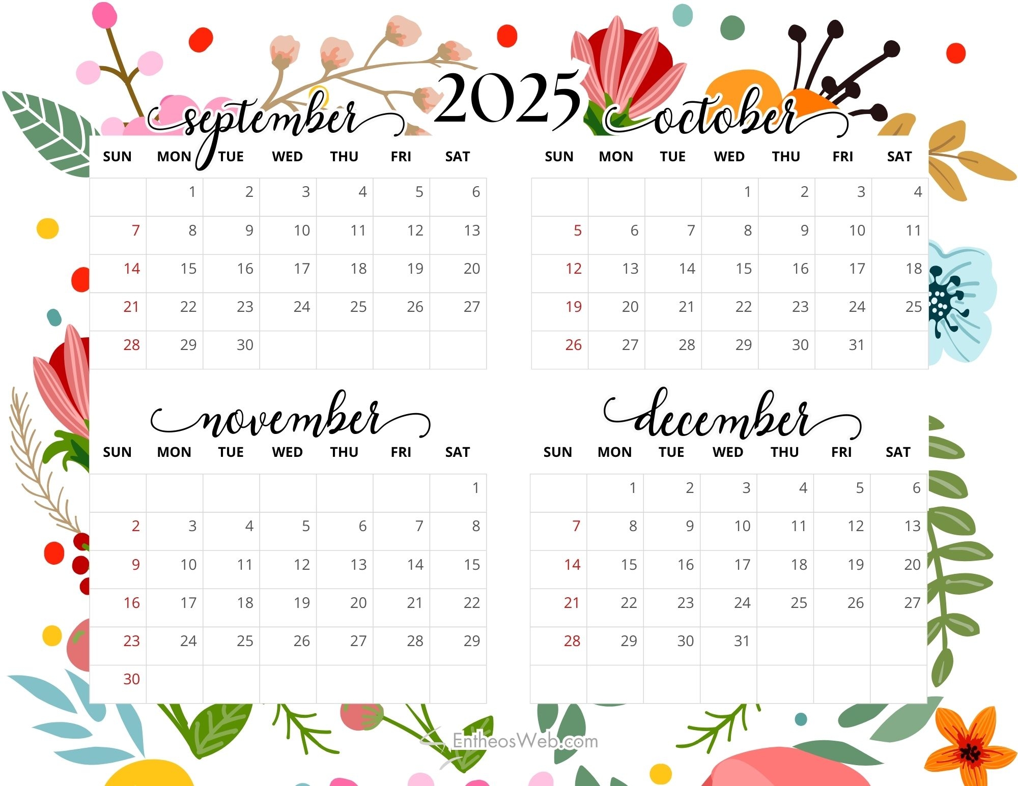 4 Month Printable Calendars September October November And 